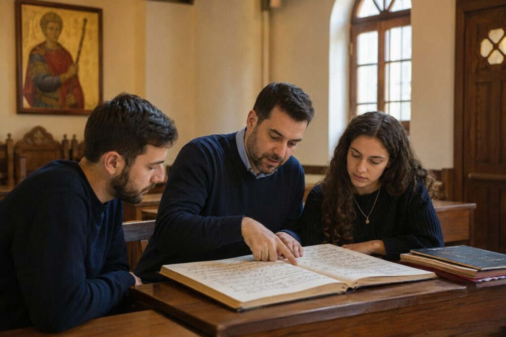 A teacher guiding students through Byzantine musical notation
